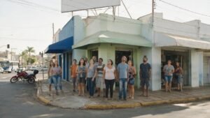 Rua comercial de cidade do interior com pessoas olhando para cima em direção a um painel publicitário — mídia exterior em Barretos