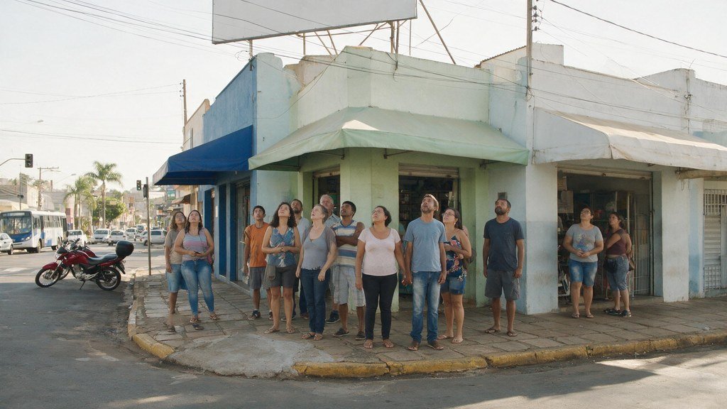 Rua comercial de cidade do interior com pessoas olhando para cima em direção a um painel publicitário — mídia exterior em Barretos