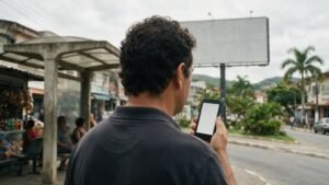 Homem no ponto de ônibus olhando o celular com um outdoor desfocado ao fundo — outdoor e marketing digital