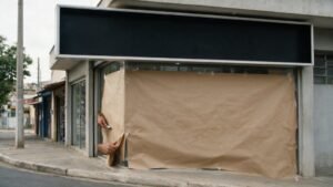 Fachada de loja ainda coberta com papel antes da inauguração em cidade do interior — outdoor para inauguração