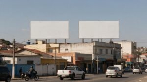 Dois outdoors em branco lado a lado em avenida comercial de cidade do interior