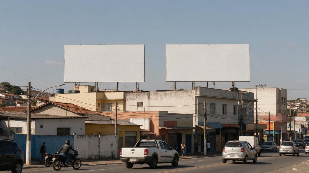 Dois outdoors em branco lado a lado em avenida comercial de cidade do interior