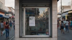 Vitrine de loja de cidade do interior com calendário de setembro e movimento de compras refletido no vidro