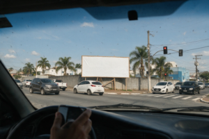 Outdoor de estrutura de madeira visto de dentro do carro em cruzamento de Barretos