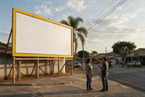 Outdoor padrão de estrutura de madeira com moldura amarela em esquina, com pessoas apontando a direção